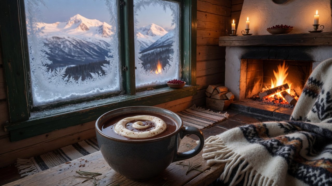 Varm choklad vid brasa med fjäll utanför fönstret.