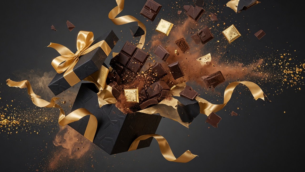 En guldrosettad present exploderar i chokladbitar och guldglitter.