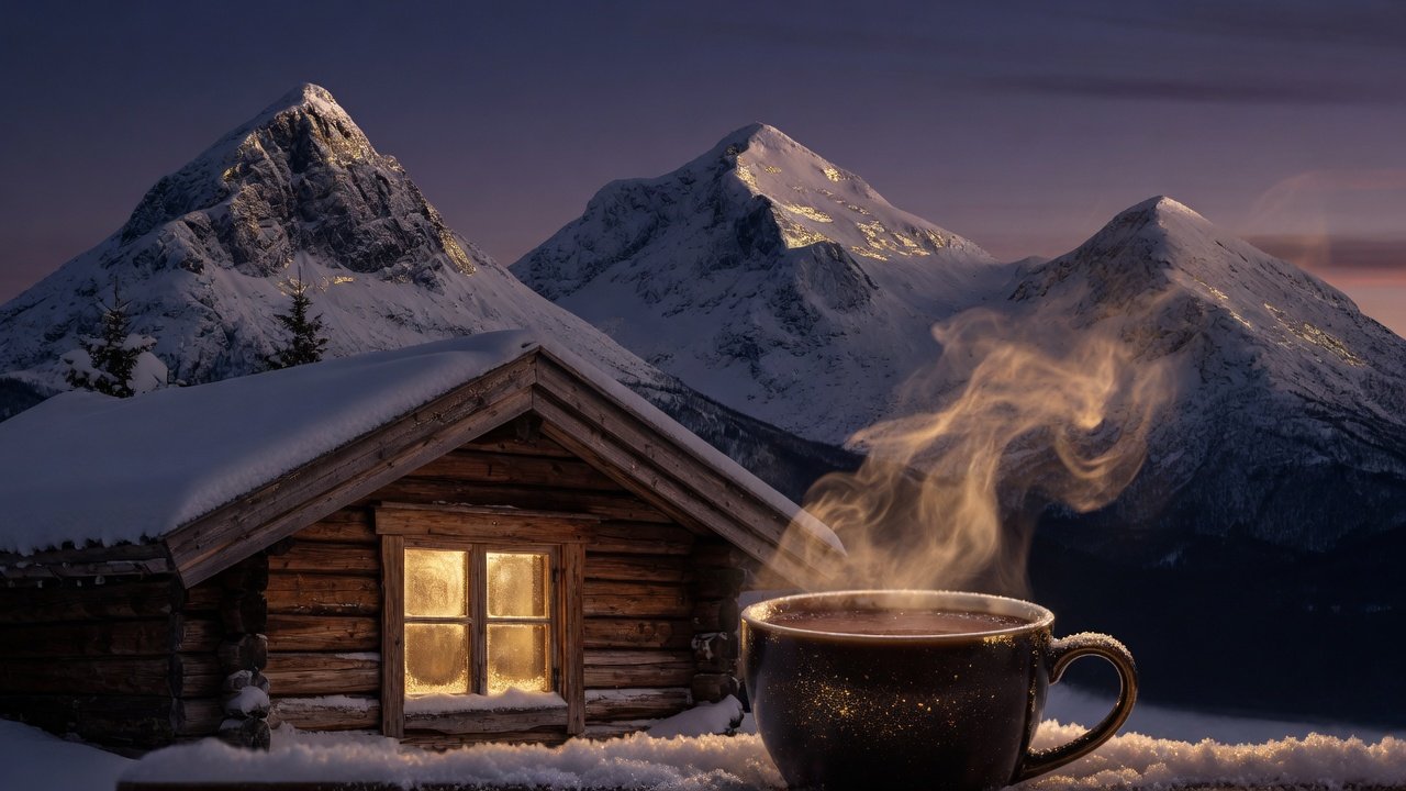 Tre snötäckta toppar, stuga och en ångande kopp varm choklad.